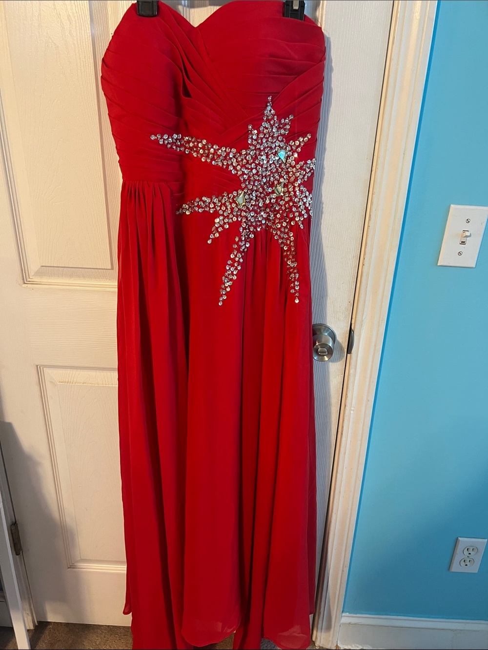 Red Strapless Evening Gown with Rhinestone Starburst